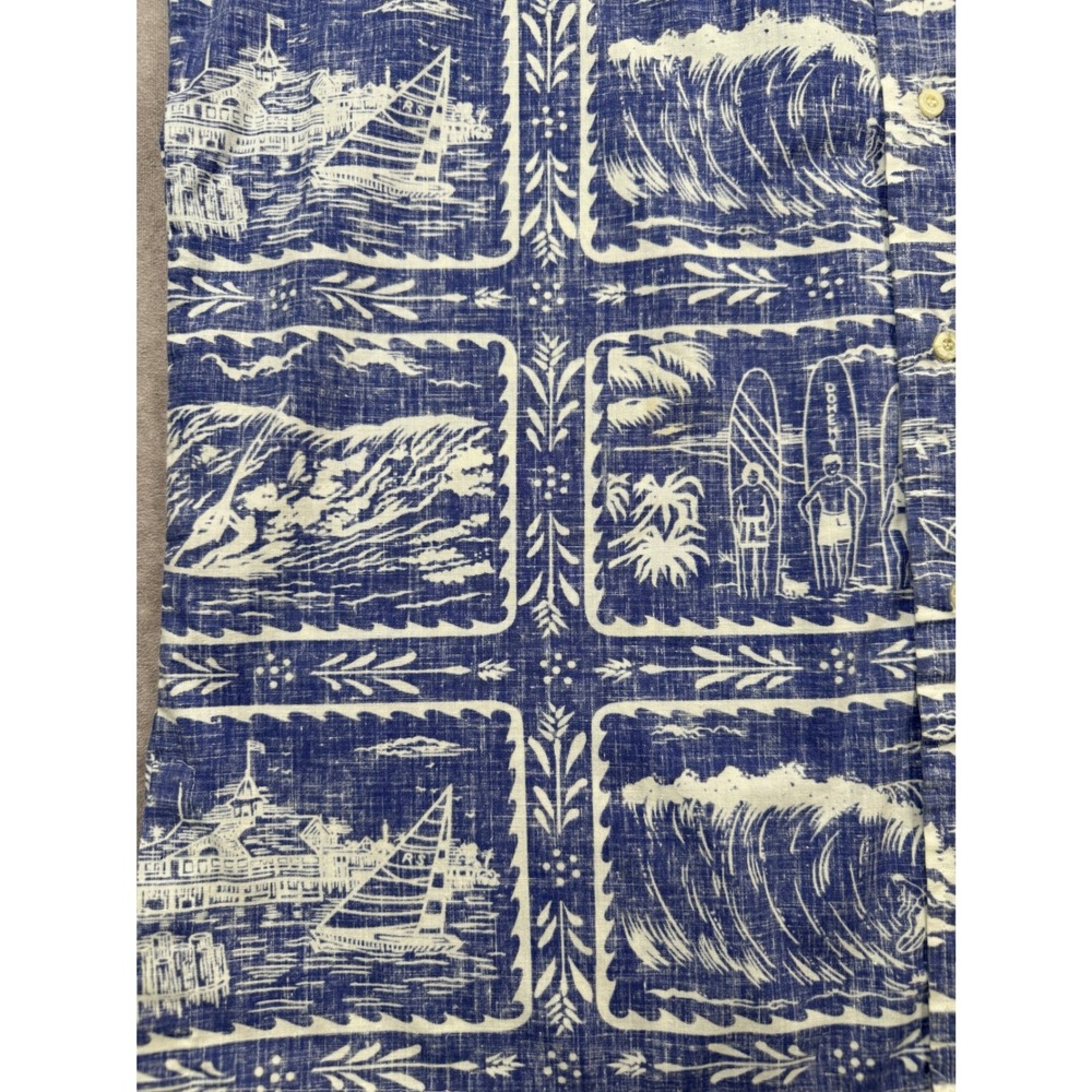 VTG Reyn Spooner Men L Blue White Ski Surf Beach Hawaiian Aloha Button Shirt USA - Picture 11 of 16